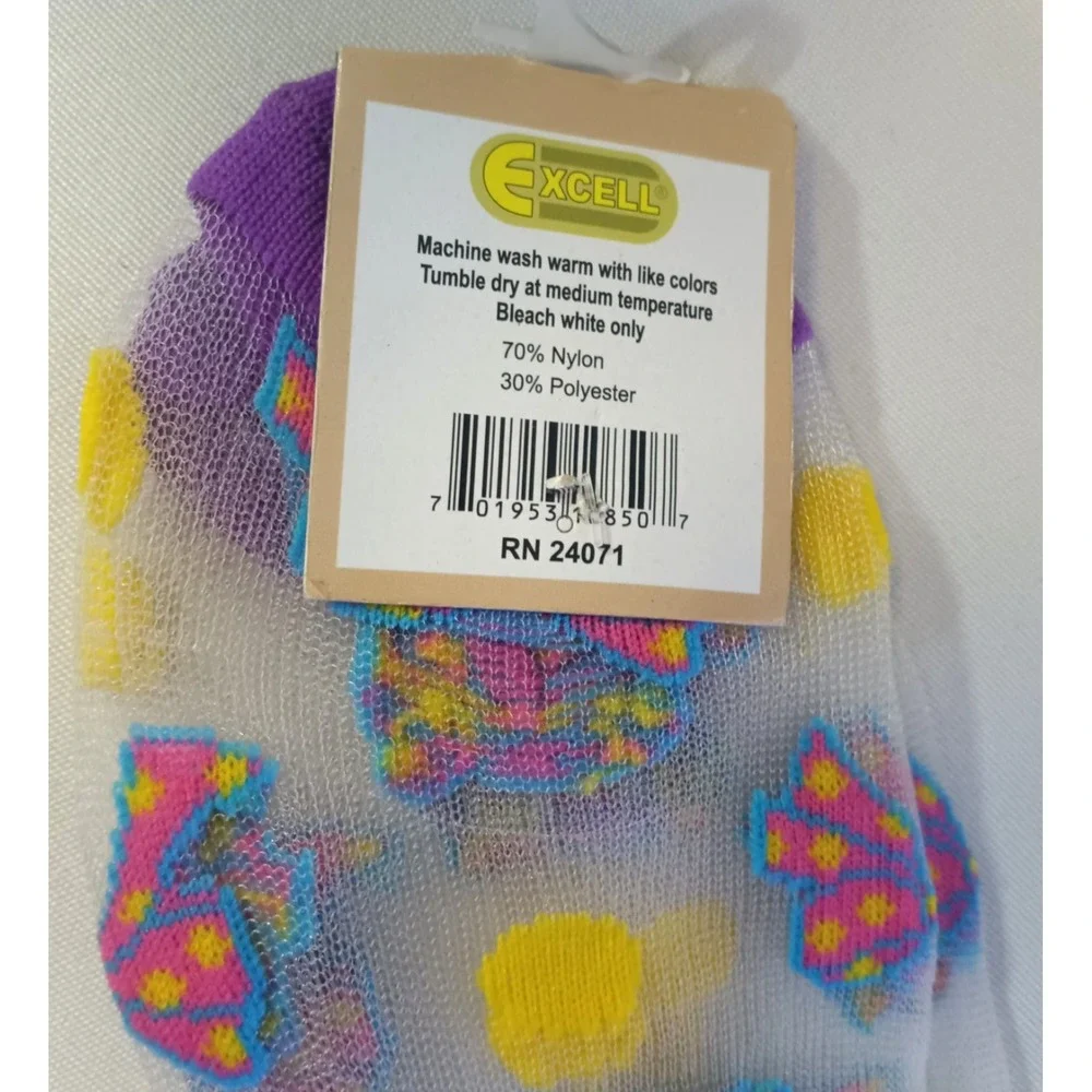 Ladybug Lady's SHEER Fashion Crew Socks Colorful Bowties / SIZE 9-11 Purple Trim
